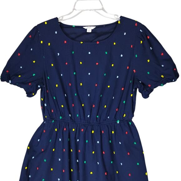 Crown & Ivy Dress Large Dark Blue with Colorful Fuzzy Pom Pom Texture Pullover - Picture 4 of 9